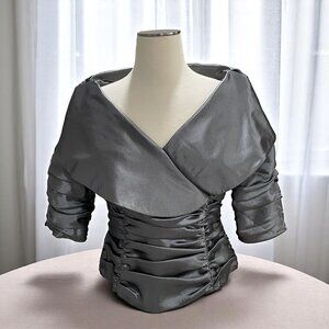 Daymor Couture Silver Satin Ruched Evening Top Off Shoulder Draped Sleeve Sz 8